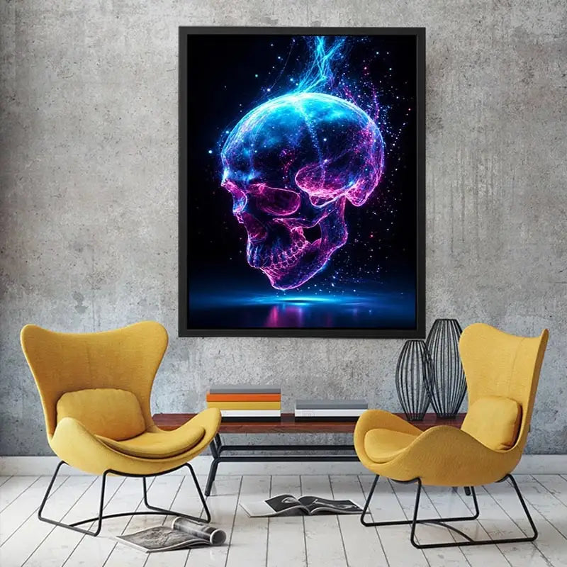 Cyberpunk glowing skull with electric pink and blue energy neon canvas art for modern luxury wall decor