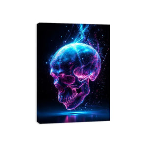 Cyberpunk glowing skull with electric pink and blue energy neon canvas art for modern luxury wall decor