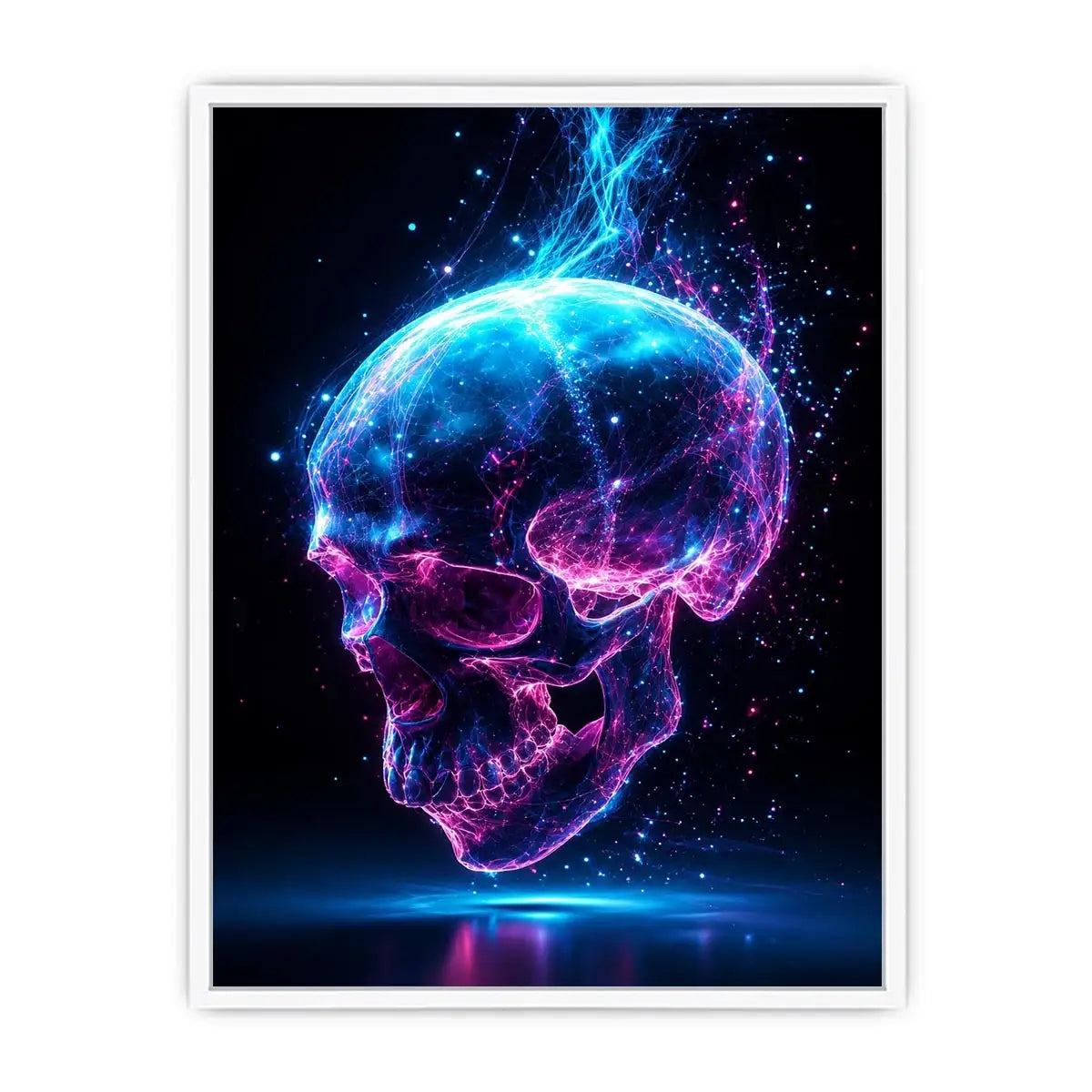 Cyberpunk glowing skull with electric pink and blue energy neon canvas art for modern luxury wall decor