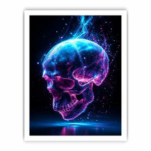 Cyberpunk glowing skull with electric pink and blue energy neon canvas art for modern luxury wall decor