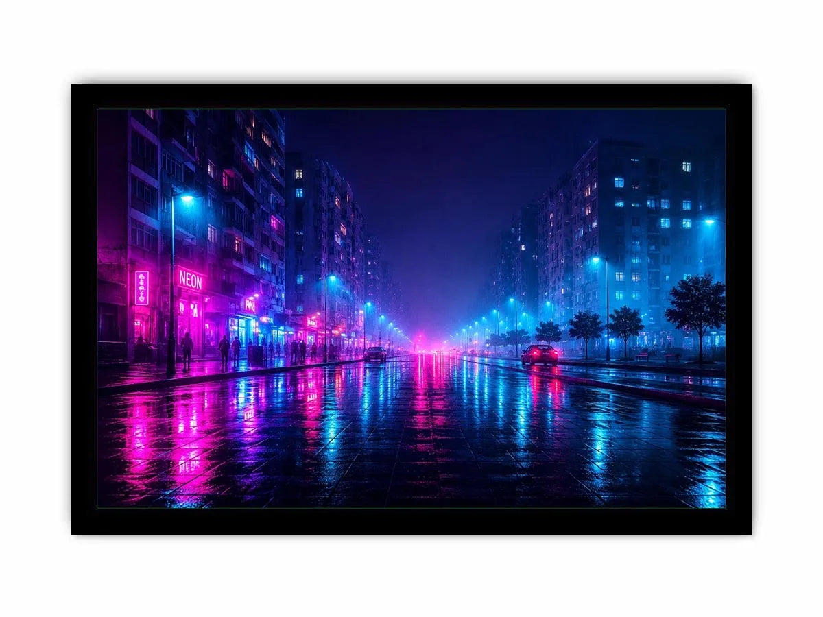 Rainy neon city street with cyberpunk reflections neon canvas art for modern luxury wall decor