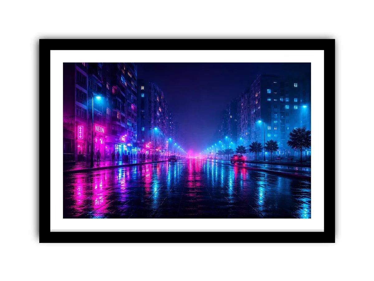 Rainy neon city street with cyberpunk reflections neon canvas art for modern luxury wall decor