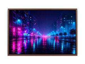 Rainy neon city street with cyberpunk reflections neon canvas art for modern luxury wall decor