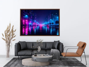 Rainy neon city street with cyberpunk reflections neon canvas art for modern luxury wall decor