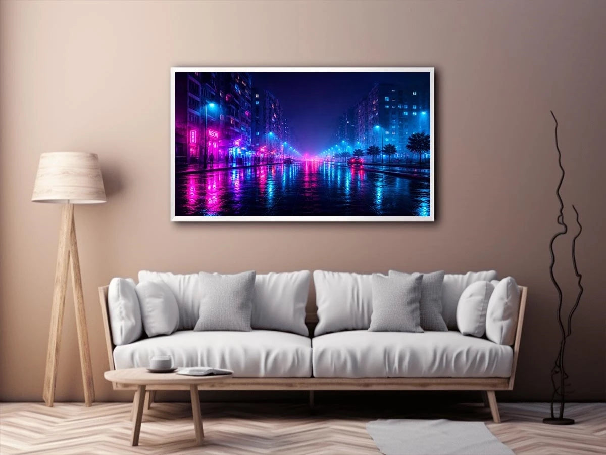 Rainy neon city street with cyberpunk reflections neon canvas art for modern luxury wall decor