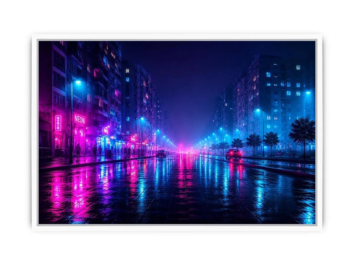 Rainy neon city street with cyberpunk reflections neon canvas art for modern luxury wall decor