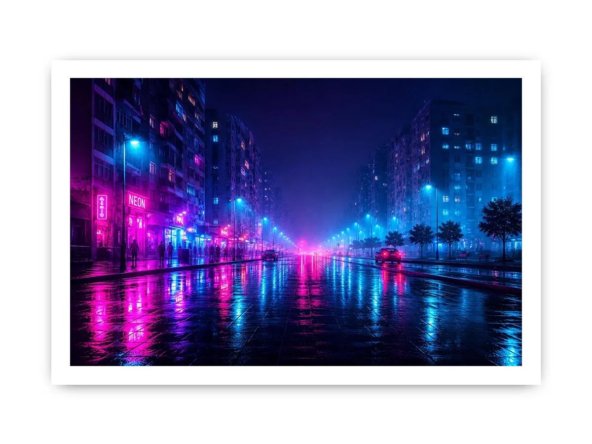 Rainy neon city street with cyberpunk reflections neon canvas art for modern luxury wall decor
