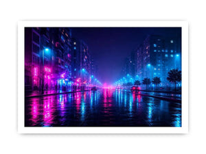 Rainy neon city street with cyberpunk reflections neon canvas art for modern luxury wall decor