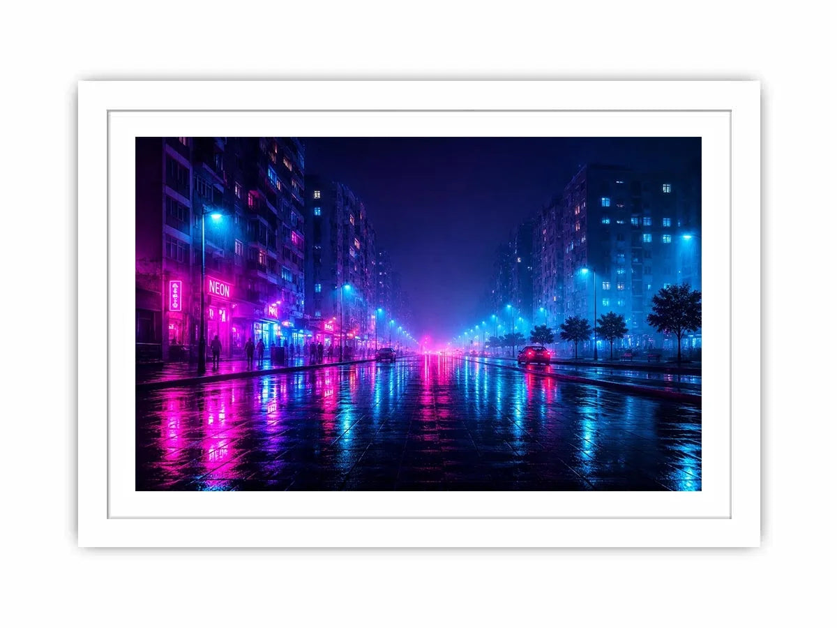 Rainy neon city street with cyberpunk reflections neon canvas art for modern luxury wall decor