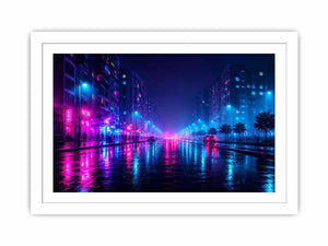 Rainy neon city street with cyberpunk reflections neon canvas art for modern luxury wall decor