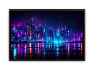 Futuristic neon skyline with rain reflections neon canvas art for modern luxury wall decor