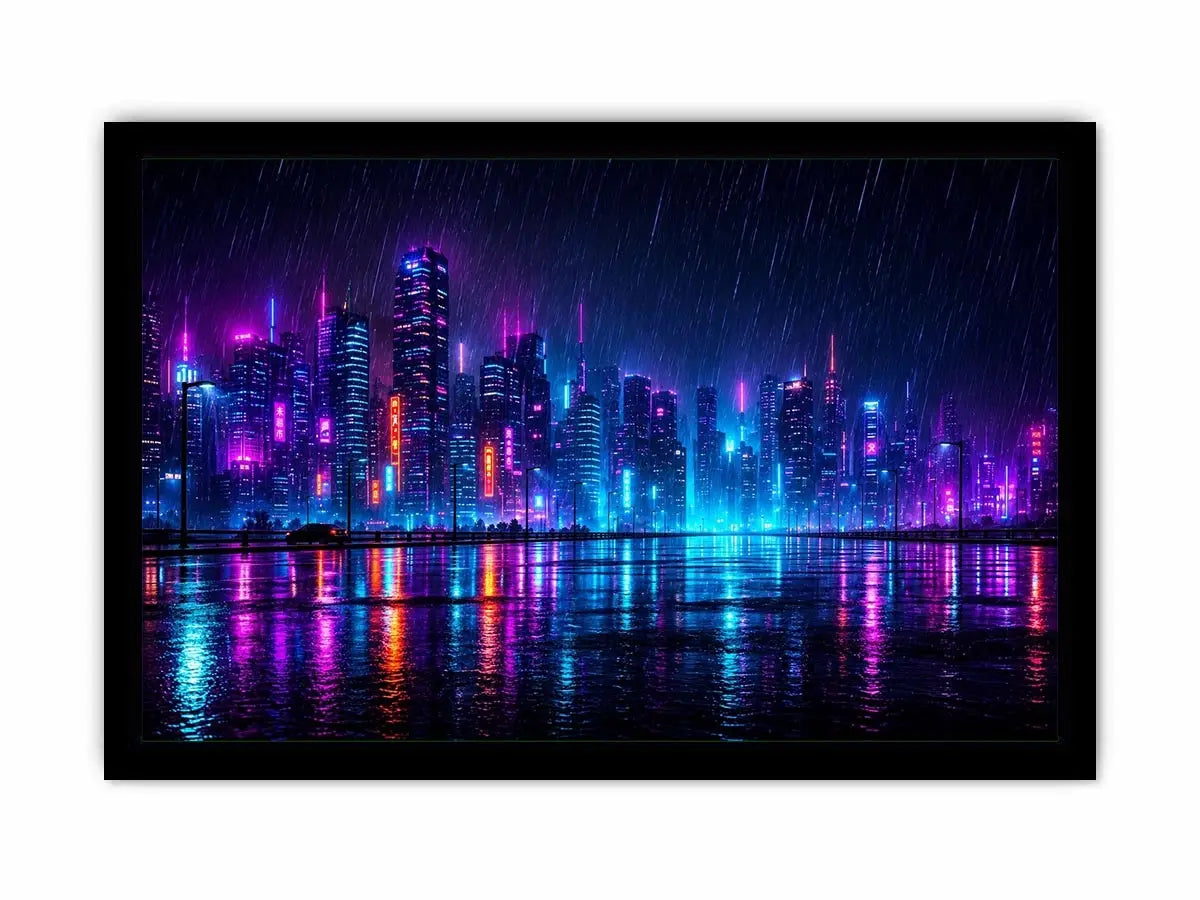 Futuristic neon skyline with rain reflections neon canvas art for modern luxury wall decor