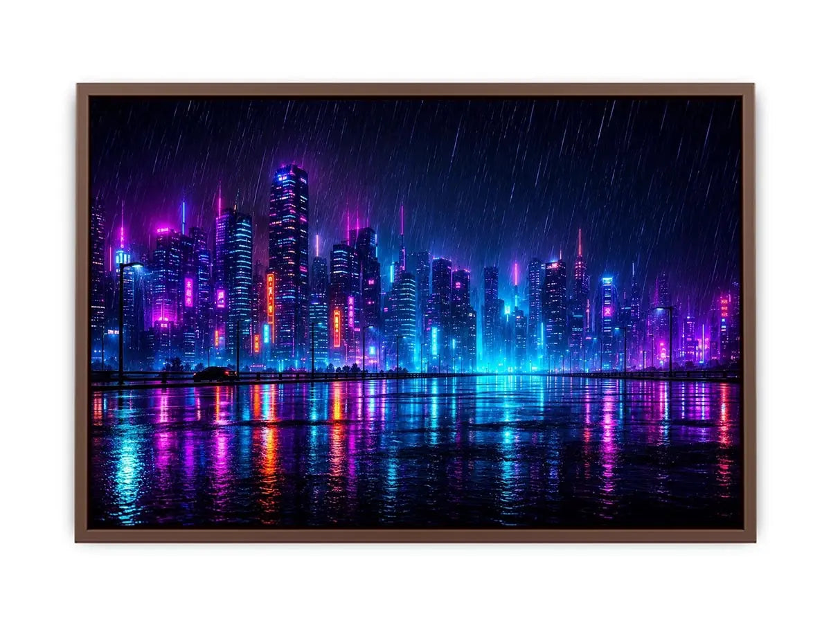Futuristic neon skyline with rain reflections neon canvas art for modern luxury wall decor