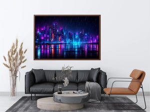 Futuristic neon skyline with rain reflections neon canvas art for modern luxury wall decor