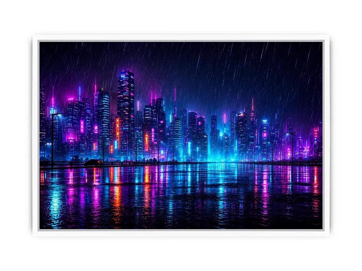 Futuristic neon skyline with rain reflections neon canvas art for modern luxury wall decor