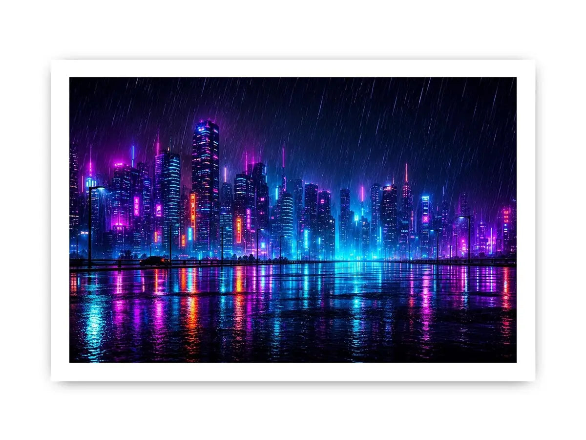 Futuristic neon skyline with rain reflections neon canvas art for modern luxury wall decor