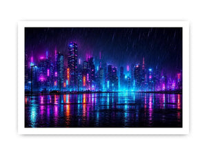 Futuristic neon skyline with rain reflections neon canvas art for modern luxury wall decor