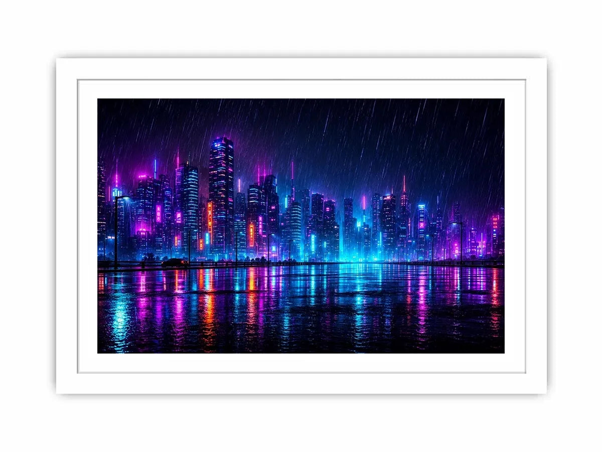 Futuristic neon skyline with rain reflections neon canvas art for modern luxury wall decor