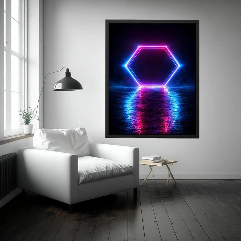 Futuristic neon hexagon canvas art for modern living room decor