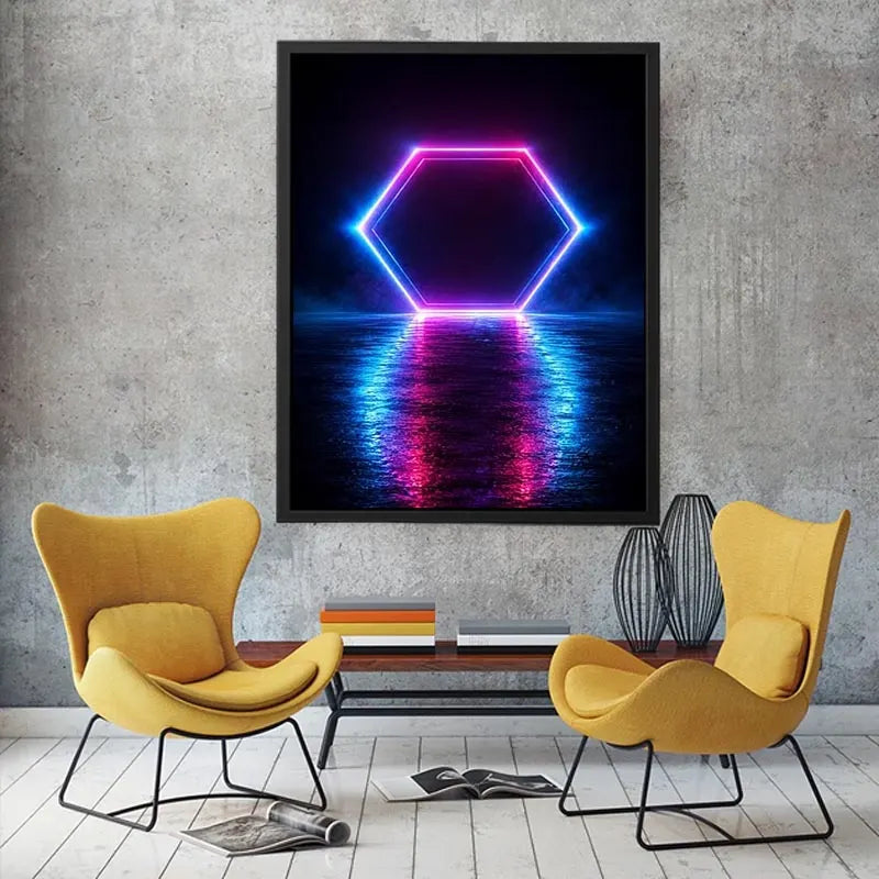 Futuristic neon hexagon canvas art for modern living room decor
