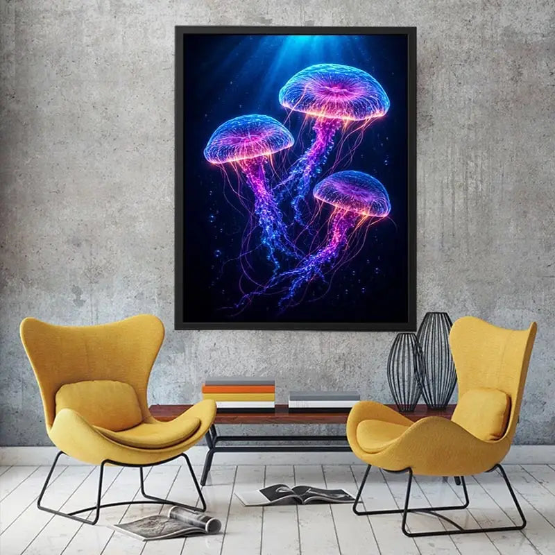 Three glowing jellyfish canvas art for modern living room decor