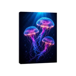 Three glowing jellyfish canvas art for modern living room decor