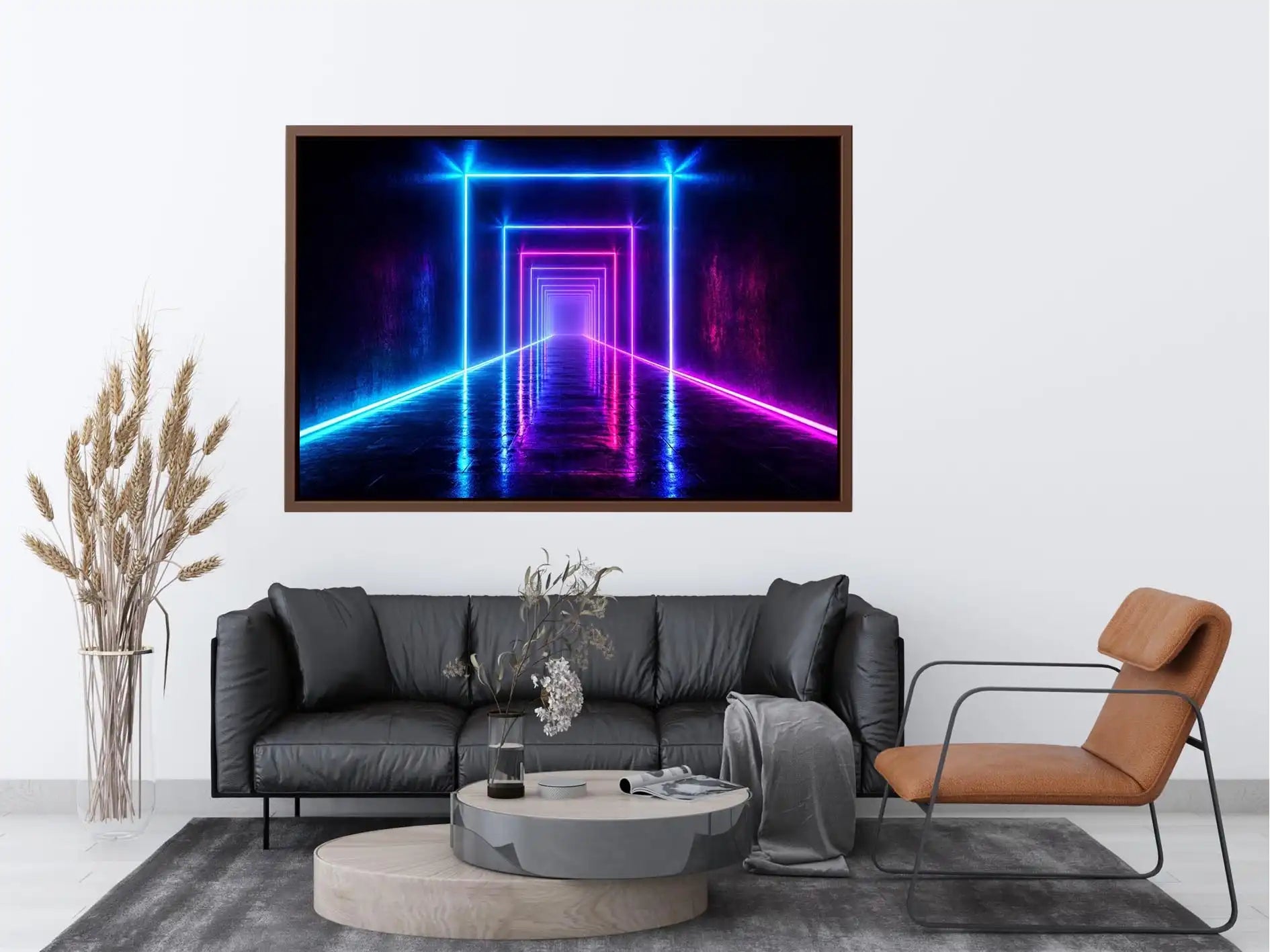 Neon tunnel hallway canvas art for modern living room decor