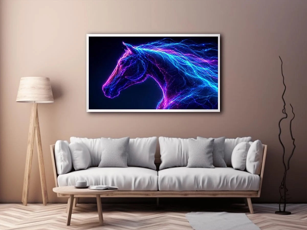 Neon unicorn portrait canvas art for modern living room decor