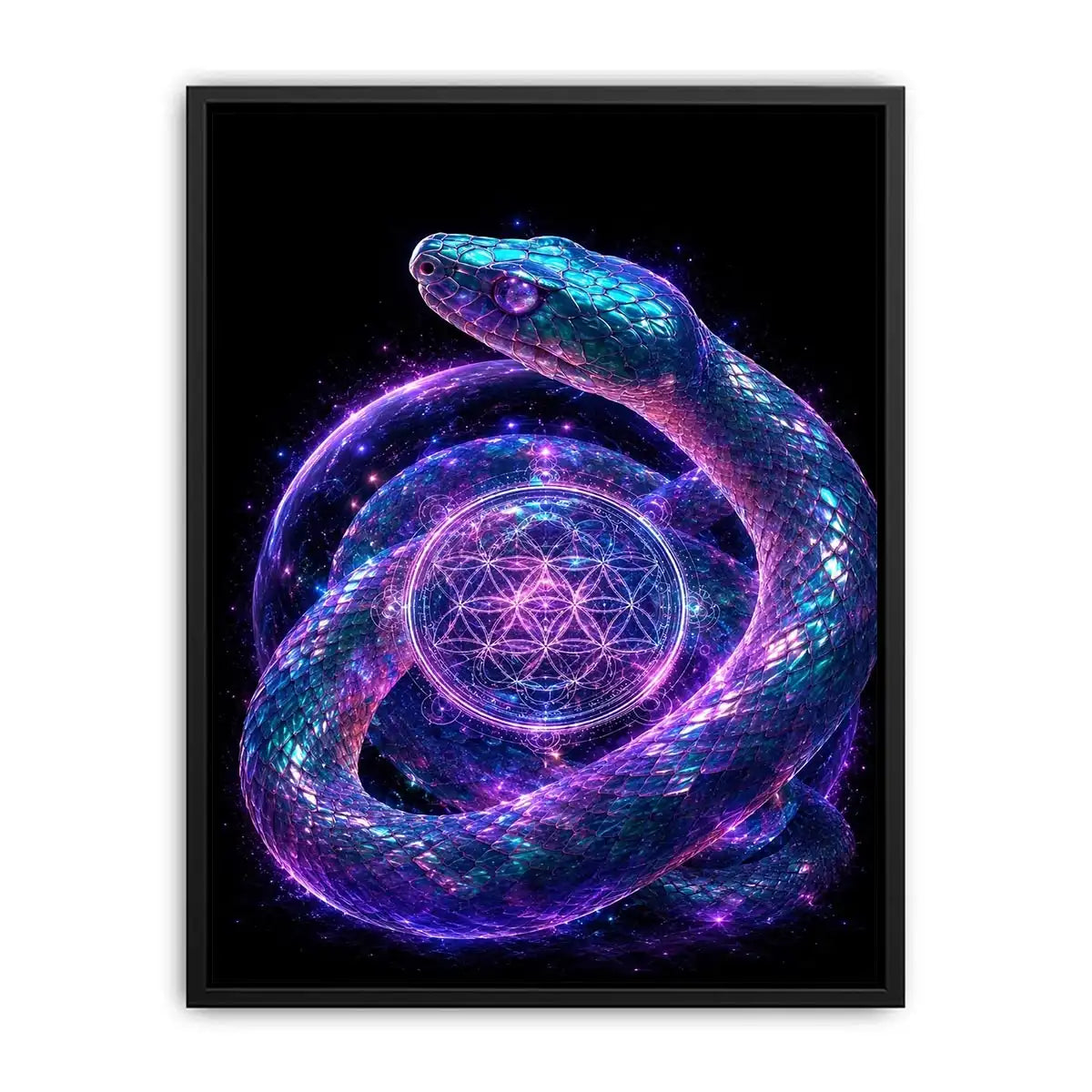 Surreal glowing snake canvas art with sacred geometry for modern luxury living room decor.