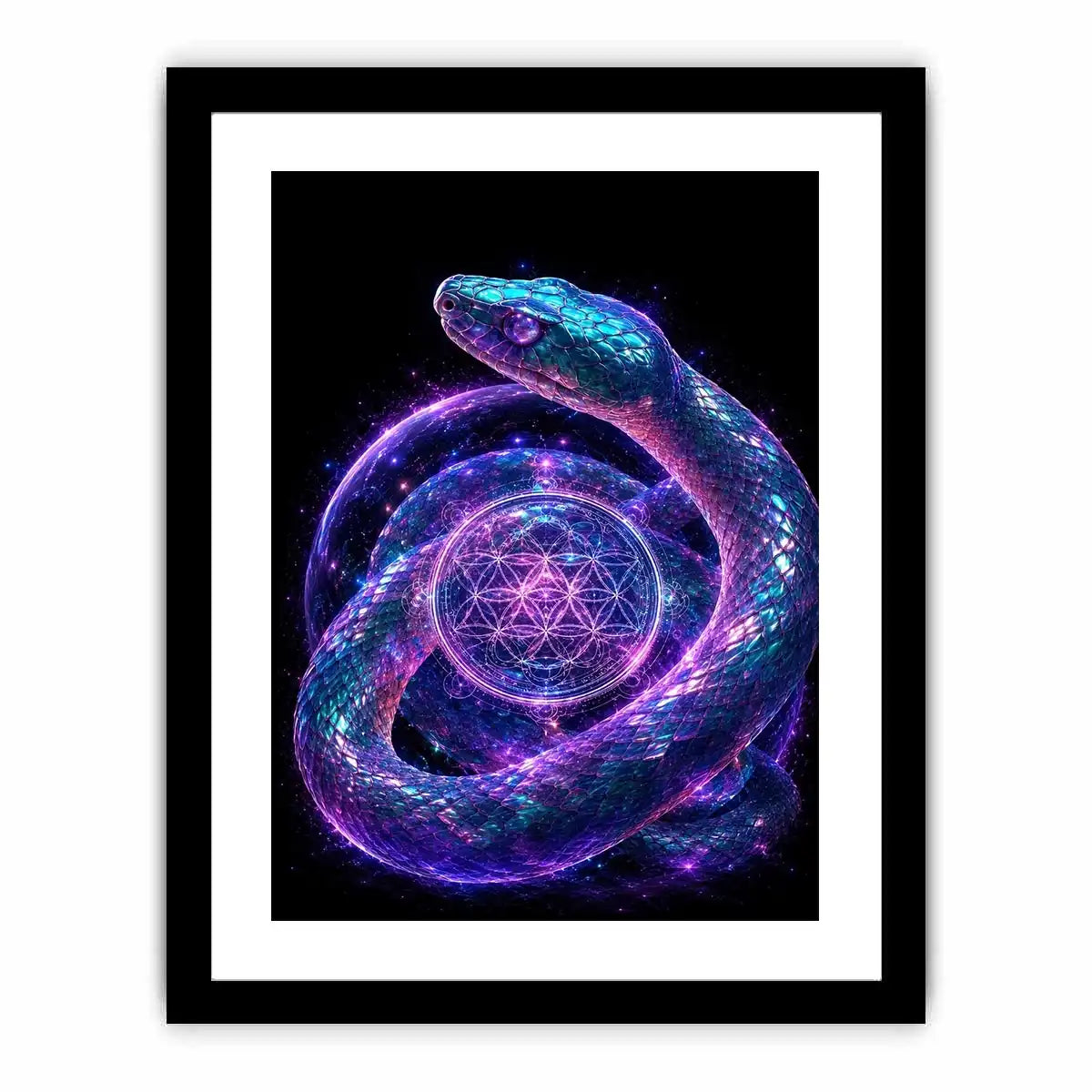 Surreal glowing snake canvas art with sacred geometry for modern luxury living room decor.