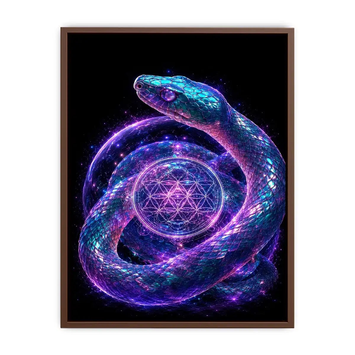 Surreal glowing snake canvas art with sacred geometry for modern luxury living room decor.