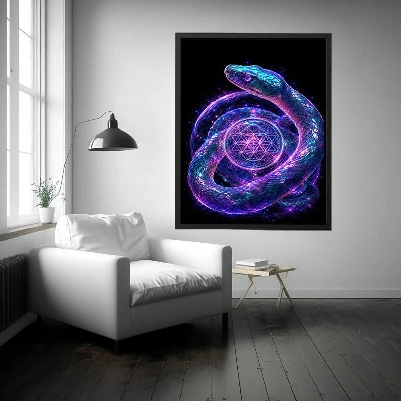 Surreal glowing snake canvas art with sacred geometry for modern luxury living room decor.