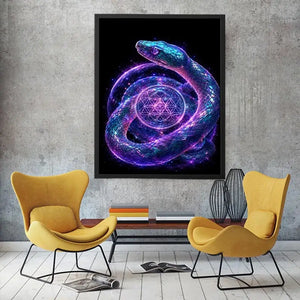 Surreal glowing snake canvas art with sacred geometry for modern luxury living room decor.