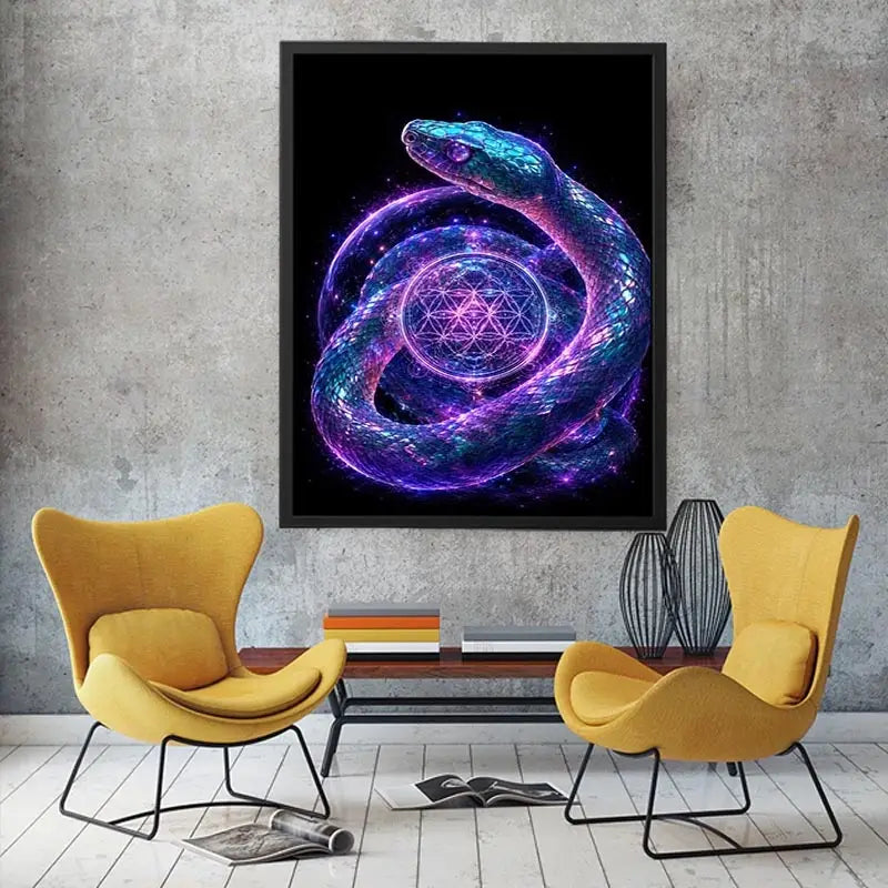 Surreal glowing snake canvas art with sacred geometry for modern luxury living room decor.