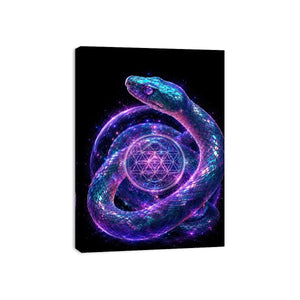 Surreal glowing snake canvas art with sacred geometry for modern luxury living room decor.