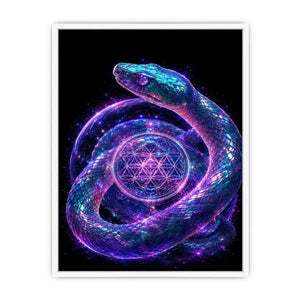 Surreal glowing snake canvas art with sacred geometry for modern luxury living room decor.