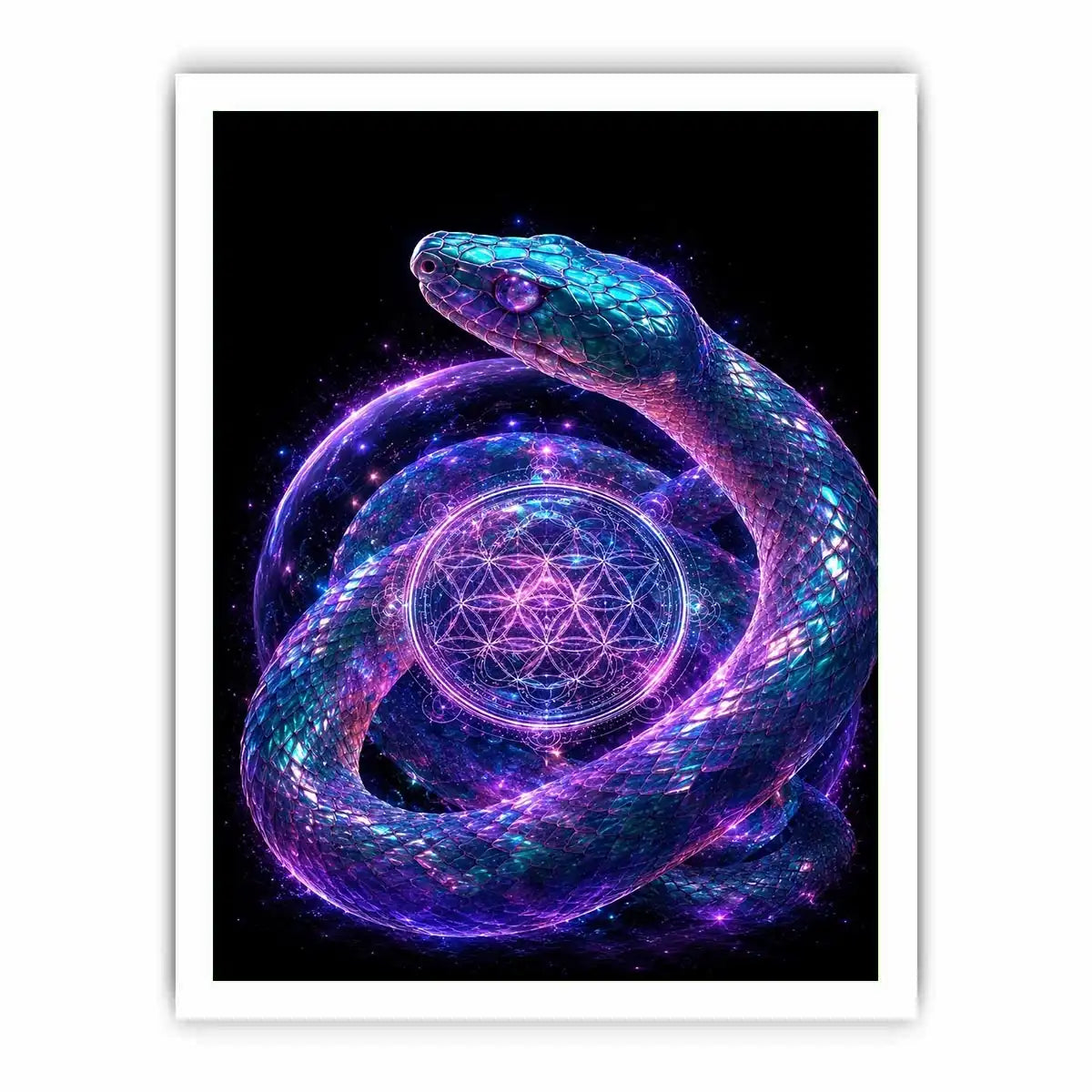 Surreal glowing snake canvas art with sacred geometry for modern luxury living room decor.