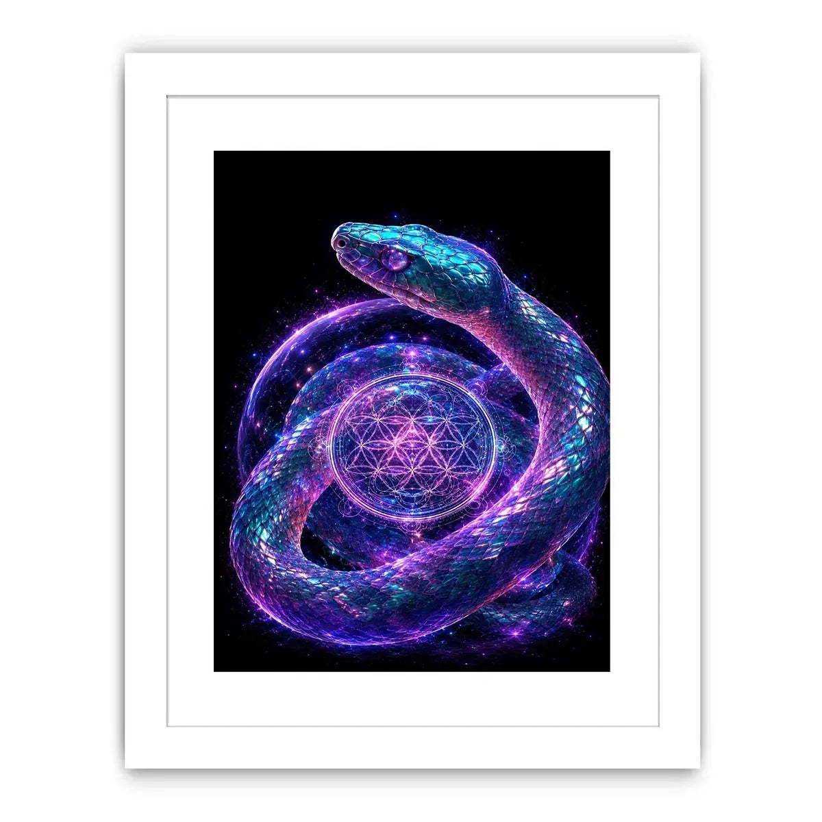 Surreal glowing snake canvas art with sacred geometry for modern luxury living room decor.