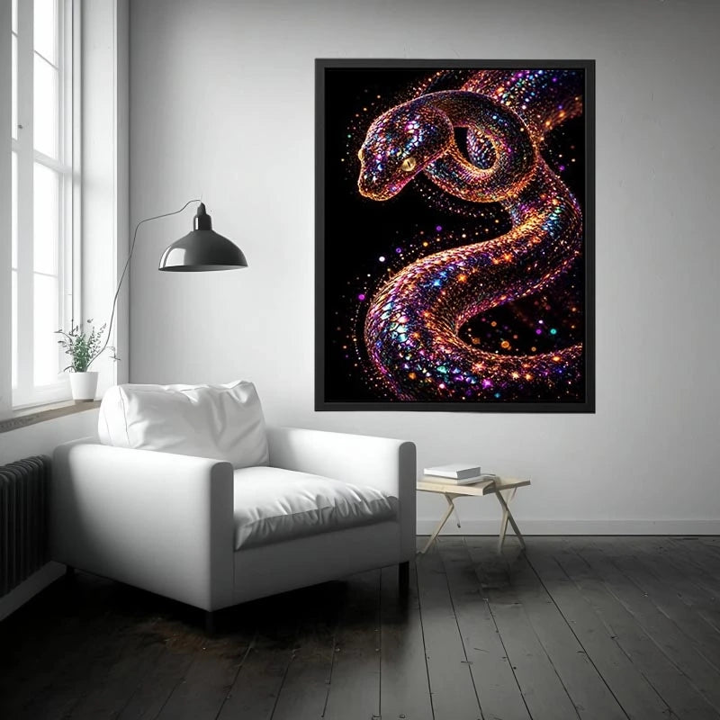 Iridescent surreal snake canvas art for modern luxury living room and office decor.