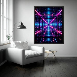 Futuristic neon geometric canvas art for gaming room and modern office decor.