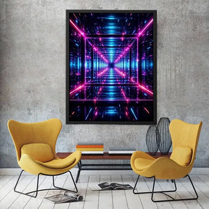 Futuristic neon geometric canvas art for gaming room and modern office decor.