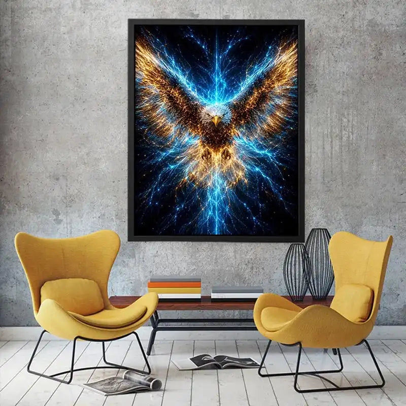 Powerful glowing eagle canvas art for modern office and luxury living room decor.