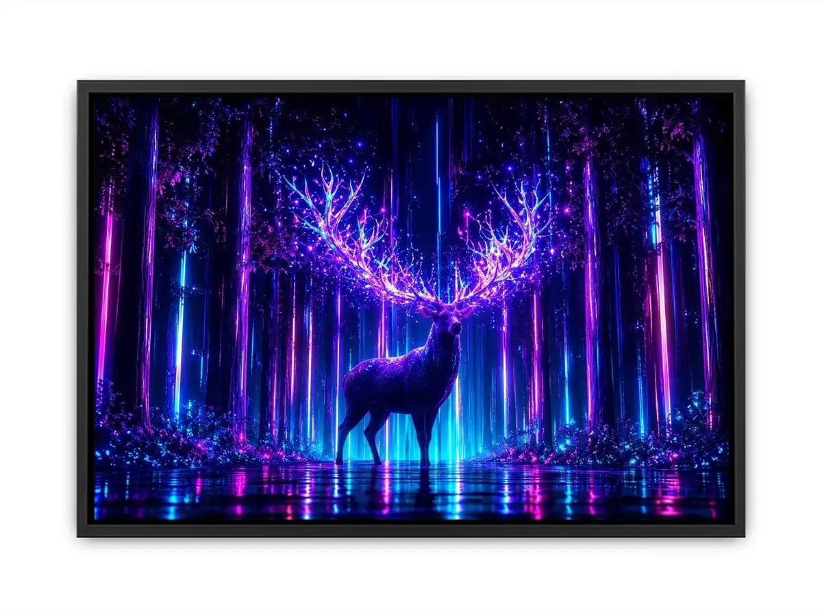 Futuristic glowing deer canvas art for modern living room and gaming room decor.