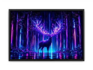 Futuristic glowing deer canvas art for modern living room and gaming room decor.