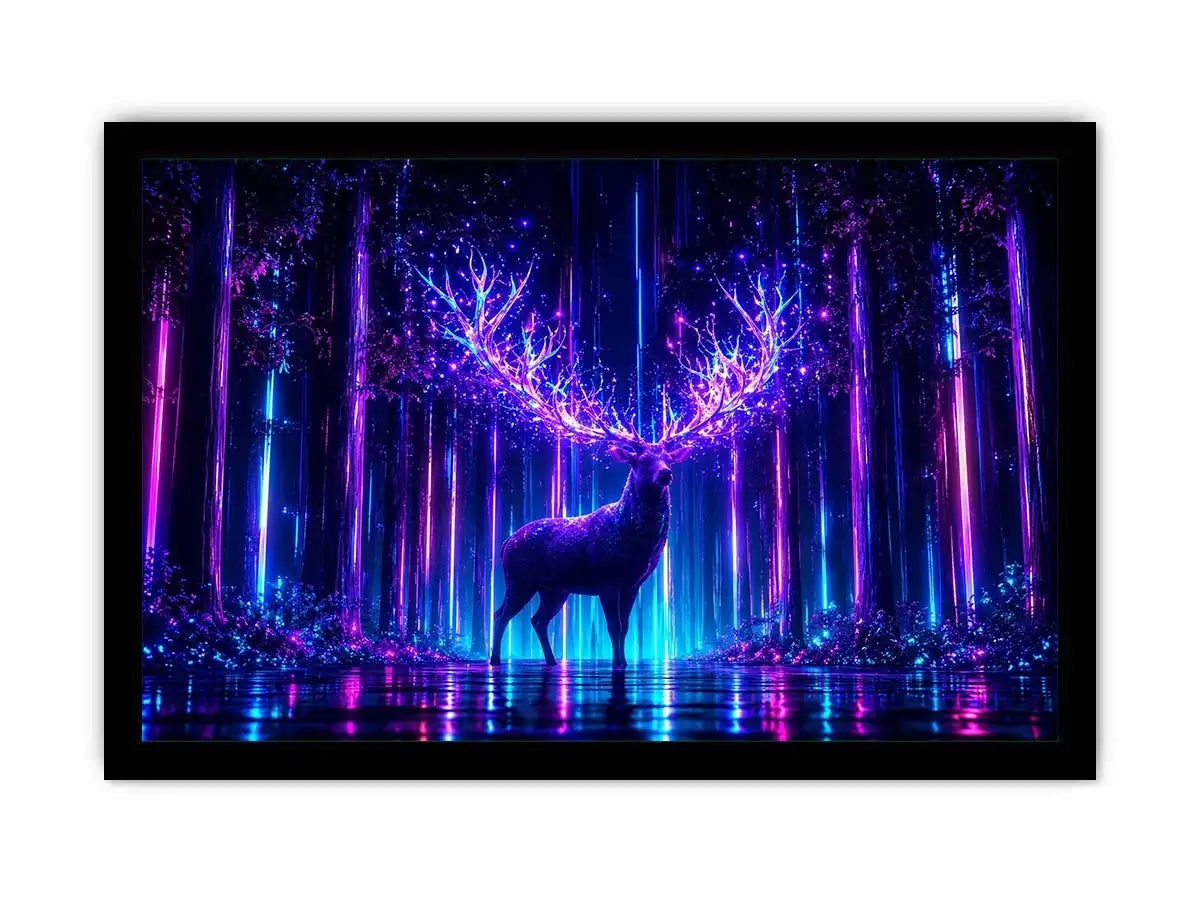 Futuristic glowing deer canvas art for modern living room and gaming room decor.