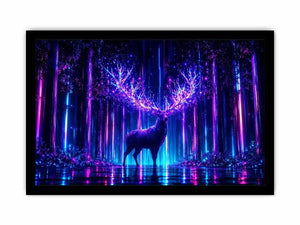 Futuristic glowing deer canvas art for modern living room and gaming room decor.