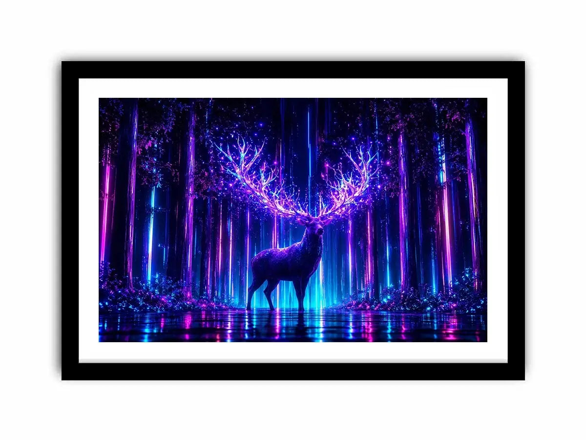 Futuristic glowing deer canvas art for modern living room and gaming room decor.