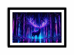 Futuristic glowing deer canvas art for modern living room and gaming room decor.