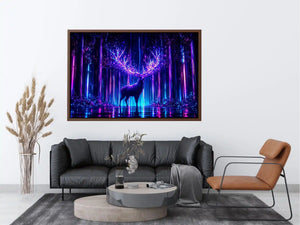 Futuristic glowing deer canvas art for modern living room and gaming room decor.