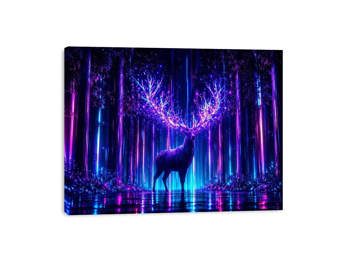 Futuristic glowing deer canvas art for modern living room and gaming room decor.